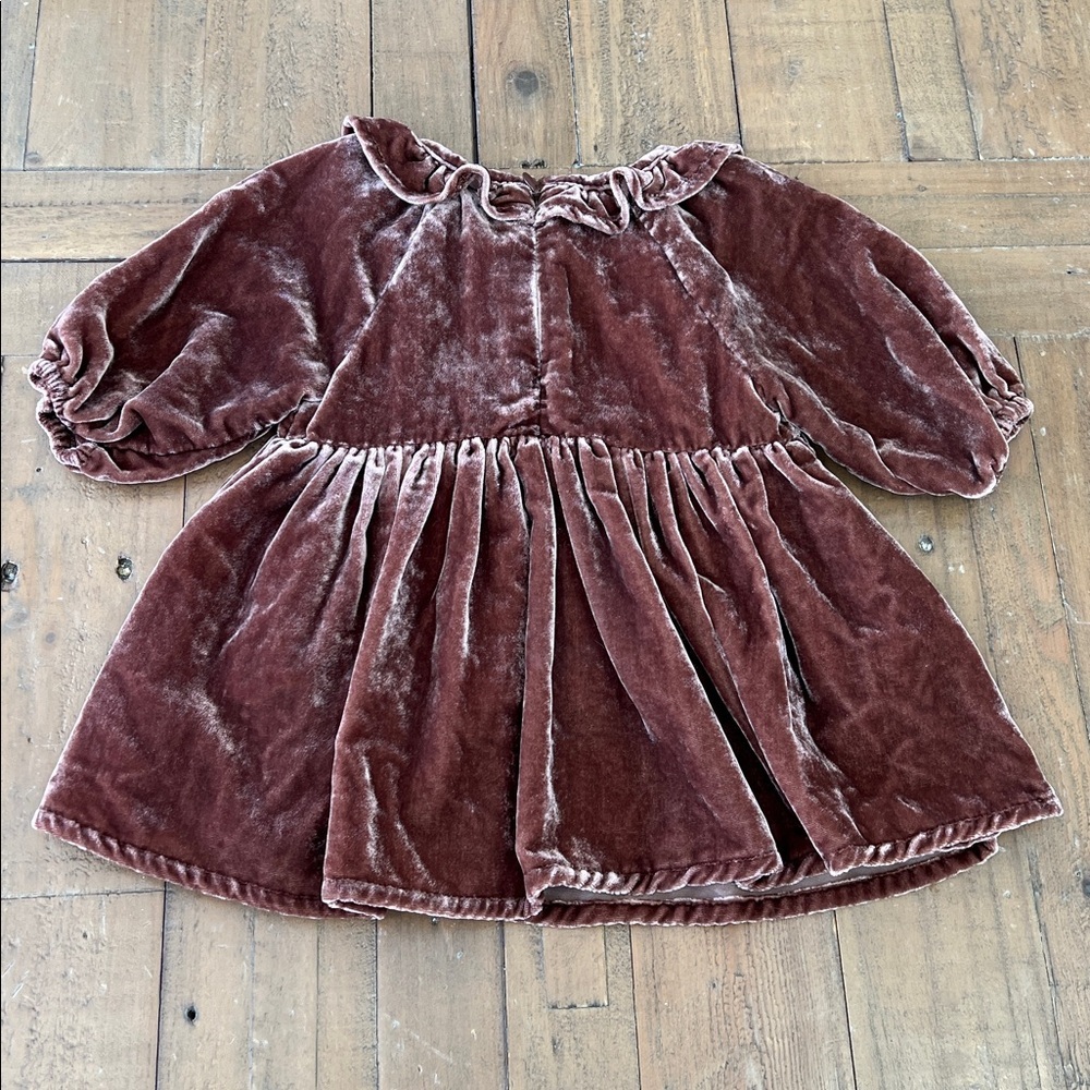 Girls Velvet Ruffle Neck Dress - Rust Brown - Picture 6 of 12